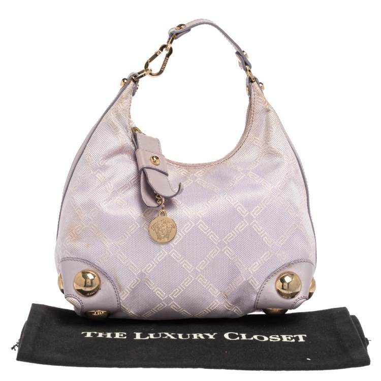 Pre Owned Versace Lilac Signature Canvas and Leather Small Studded Hobo