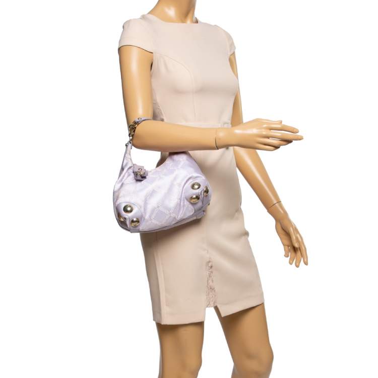 Pre Owned Versace Lilac Signature Canvas and Leather Small Studded Hobo