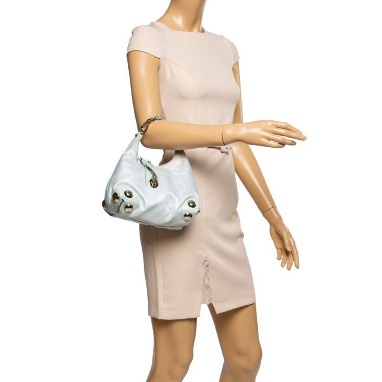 مملوكة مسبقًا Versace Light Turquoise Signature Canvas and Leather Small Studded Hobo 