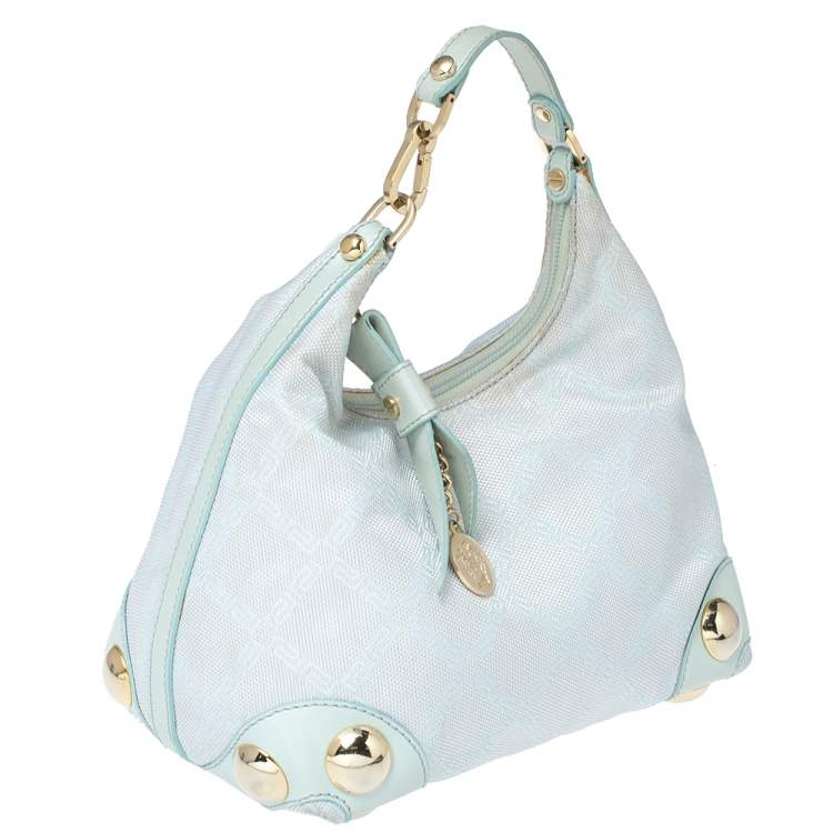 مملوكة مسبقًا Versace Light Turquoise Signature Canvas and Leather Small Studded Hobo 