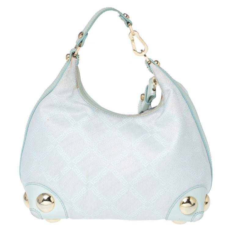 مملوكة مسبقًا Versace Light Turquoise Signature Canvas and Leather Small Studded Hobo 