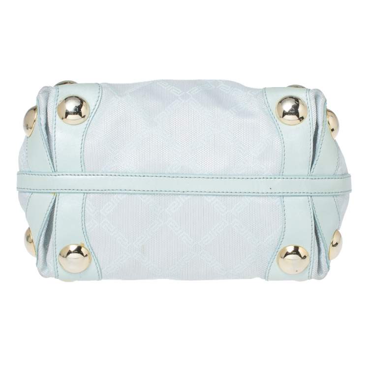 مملوكة مسبقًا Versace Light Turquoise Signature Canvas and Leather Small Studded Hobo 