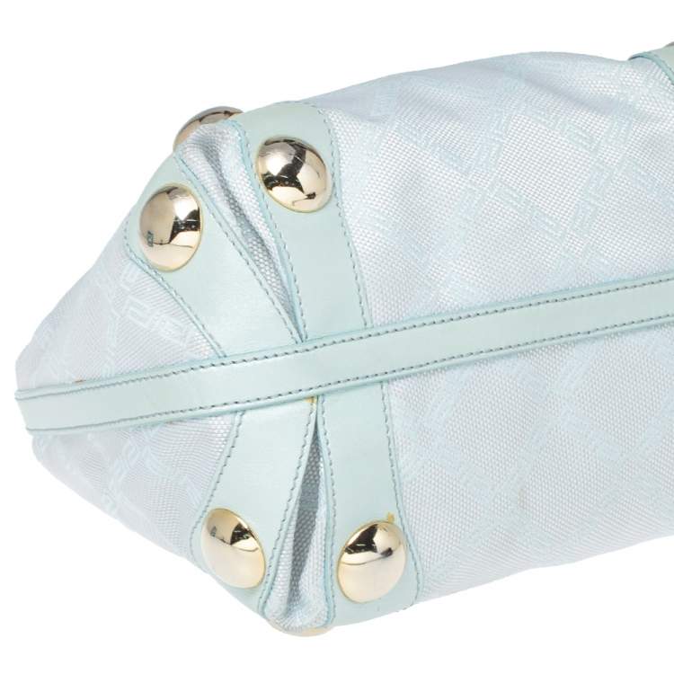 مملوكة مسبقًا Versace Light Turquoise Signature Canvas and Leather Small Studded Hobo 