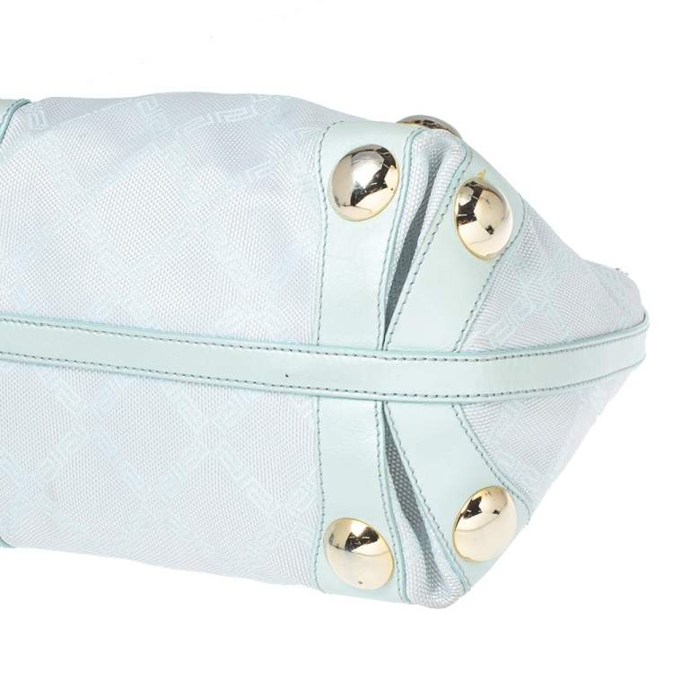 مملوكة مسبقًا Versace Light Turquoise Signature Canvas and Leather Small Studded Hobo 
