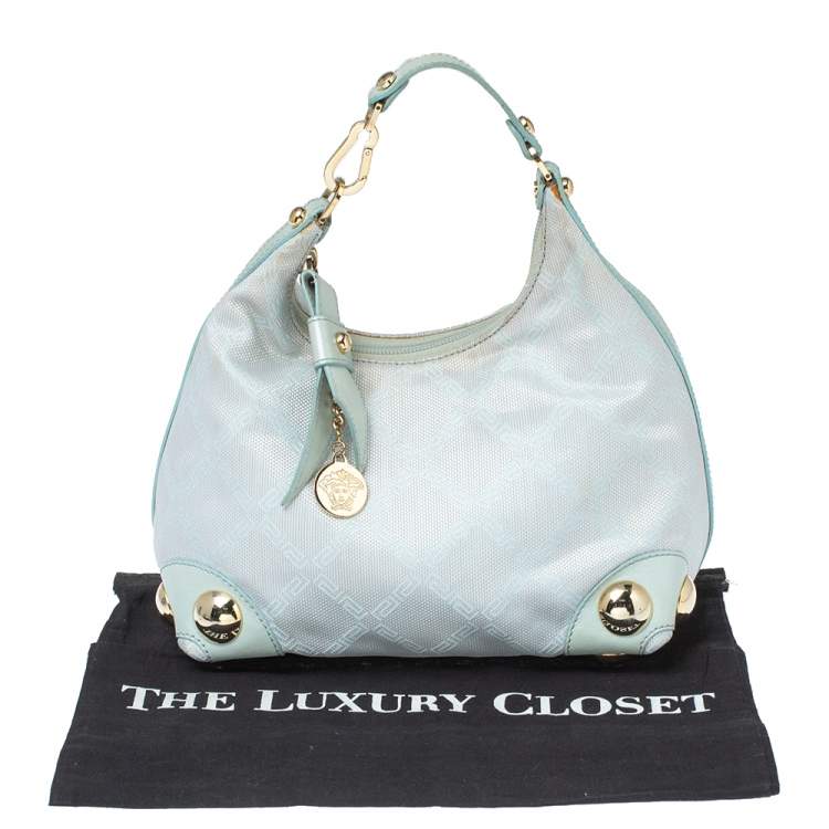 مملوكة مسبقًا Versace Light Turquoise Signature Canvas and Leather Small Studded Hobo 
