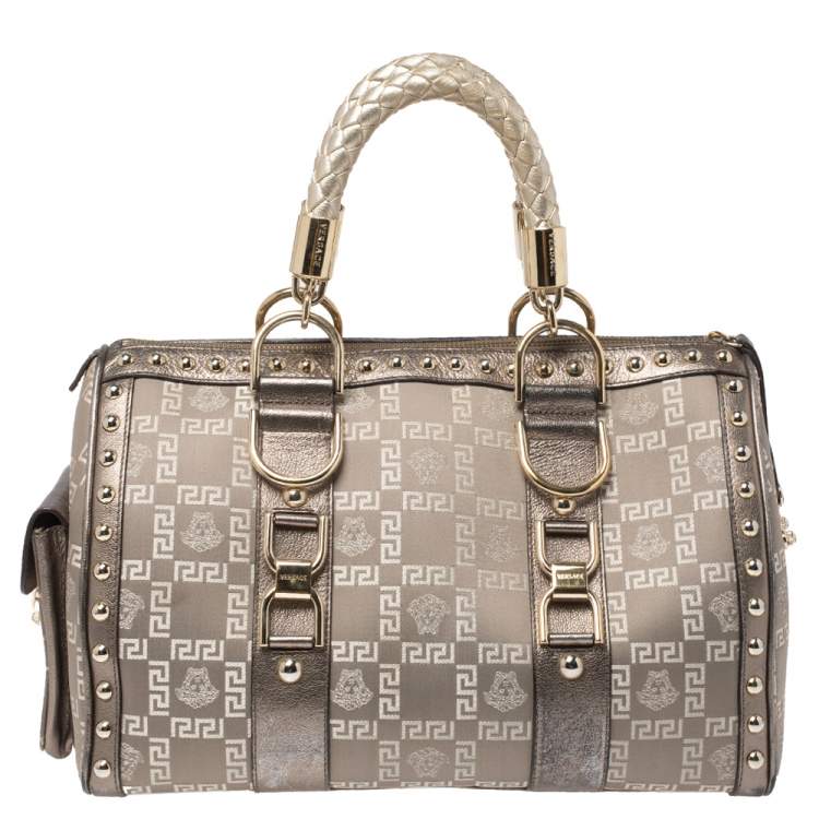 Pre Owned Versace Beige/Metallic Fabric and Leather Snap Out Of It Satchel