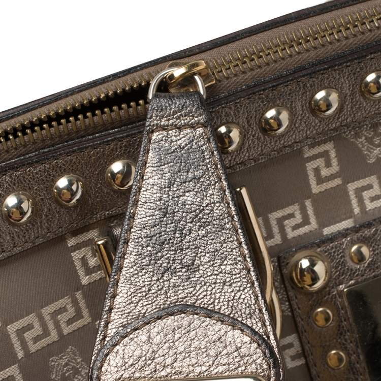 Pre Owned Versace Beige/Metallic Fabric and Leather Snap Out Of It Satchel