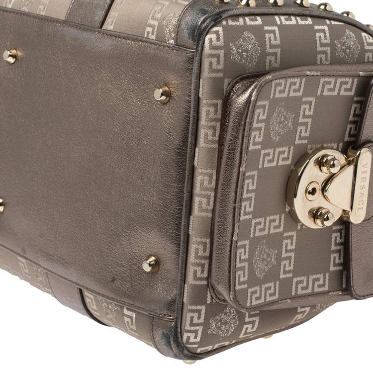Pre Owned Versace Beige/Metallic Fabric and Leather Snap Out Of It Satchel