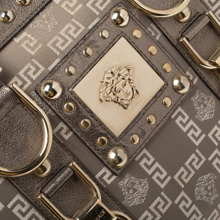 Pre Owned Versace Beige/Metallic Fabric and Leather Snap Out Of It Satchel