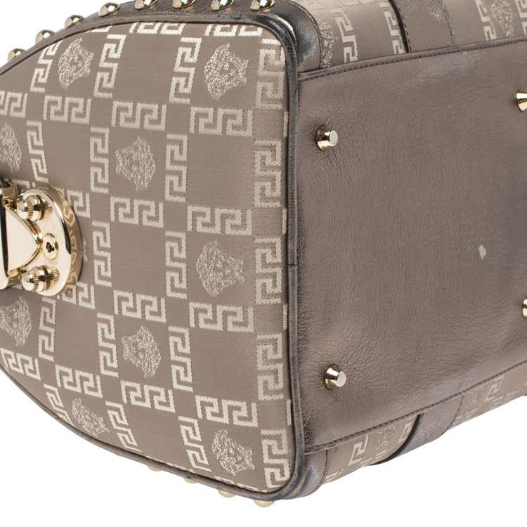 Pre Owned Versace Beige/Metallic Fabric and Leather Snap Out Of It Satchel