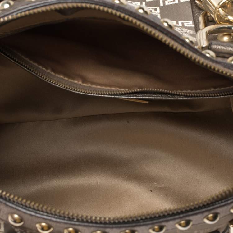 Pre Owned Versace Beige/Metallic Fabric and Leather Snap Out Of It Satchel