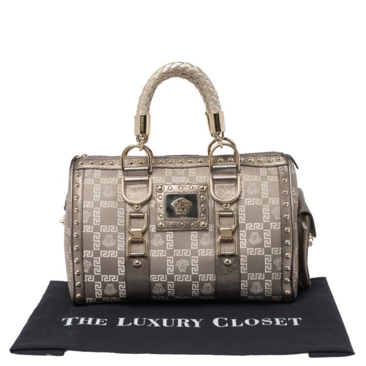 Pre Owned Versace Beige/Metallic Fabric and Leather Snap Out Of It Satchel
