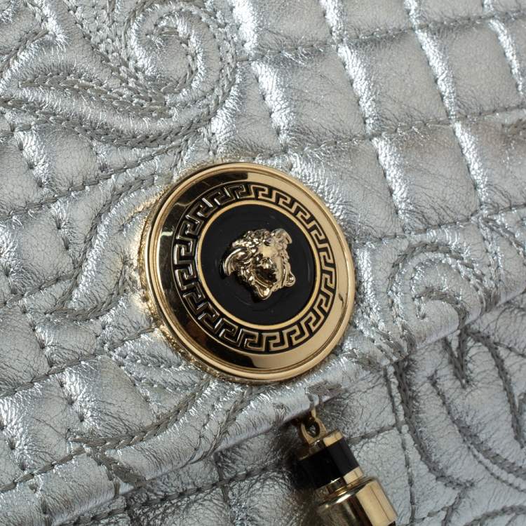 Pre Owned Versace Metallic Silver Barocco Leather Vanitas Medea Shoulder Bag