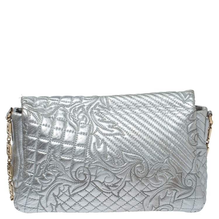 Pre Owned Versace Metallic Silver Barocco Leather Vanitas Medea Shoulder Bag