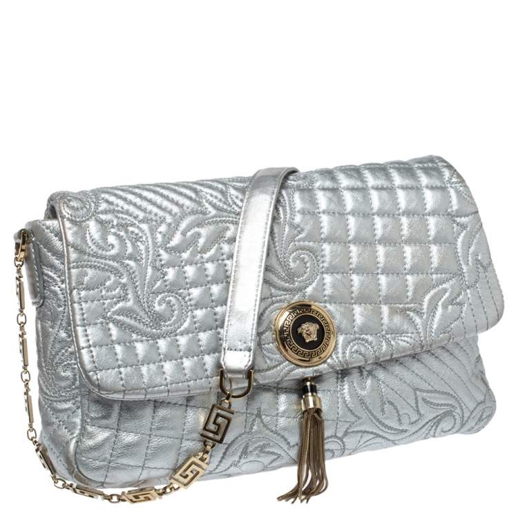 Pre Owned Versace Metallic Silver Barocco Leather Vanitas Medea Shoulder Bag