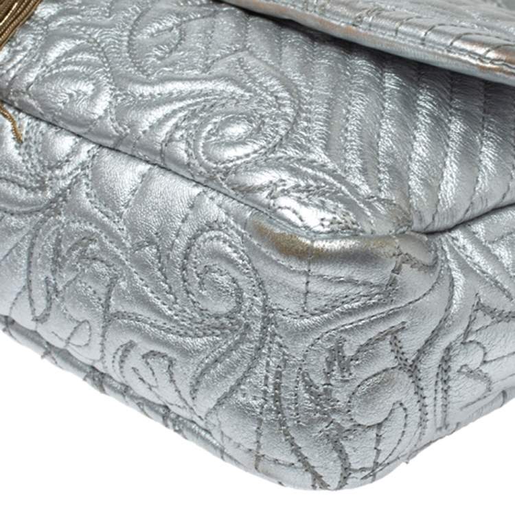 Pre Owned Versace Metallic Silver Barocco Leather Vanitas Medea Shoulder Bag