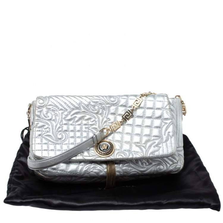 Pre Owned Versace Metallic Silver Barocco Leather Vanitas Medea Shoulder Bag