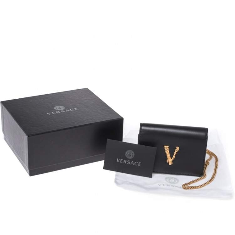 Pre Owned Versace Black Leather Mini Virtus Chain Wallet