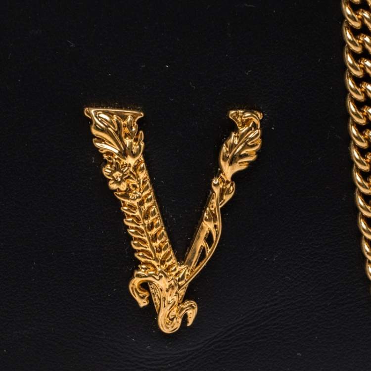 Pre Owned Versace Black Leather Mini Virtus Chain Wallet