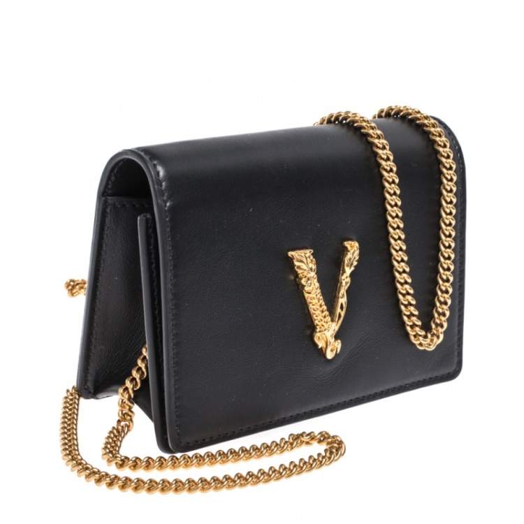 Pre Owned Versace Black Leather Mini Virtus Chain Wallet