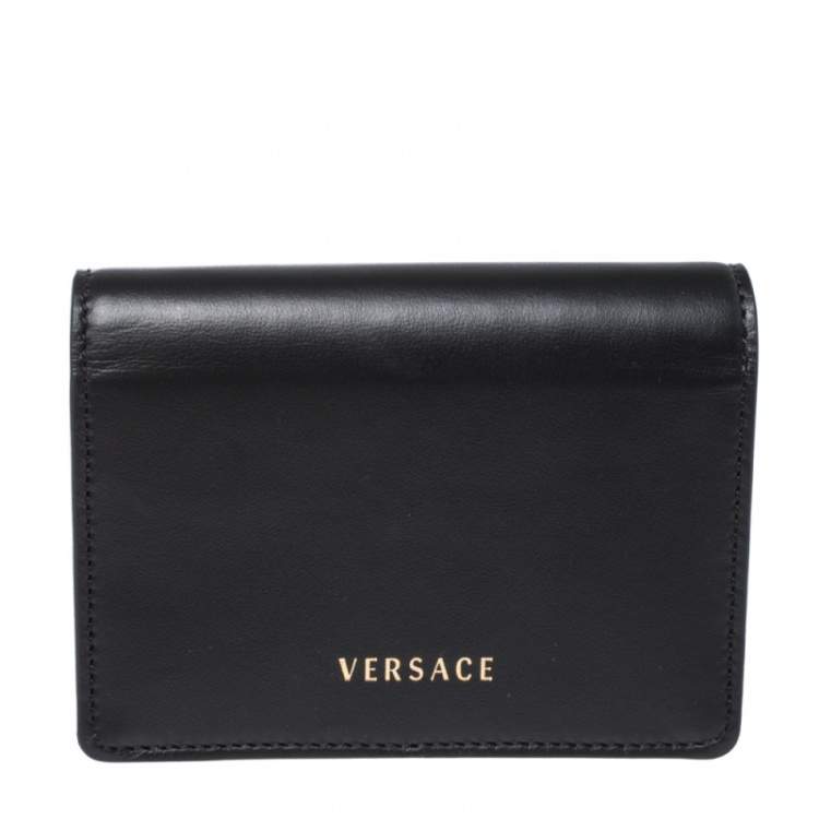 Pre Owned Versace Black Leather Mini Virtus Chain Wallet
