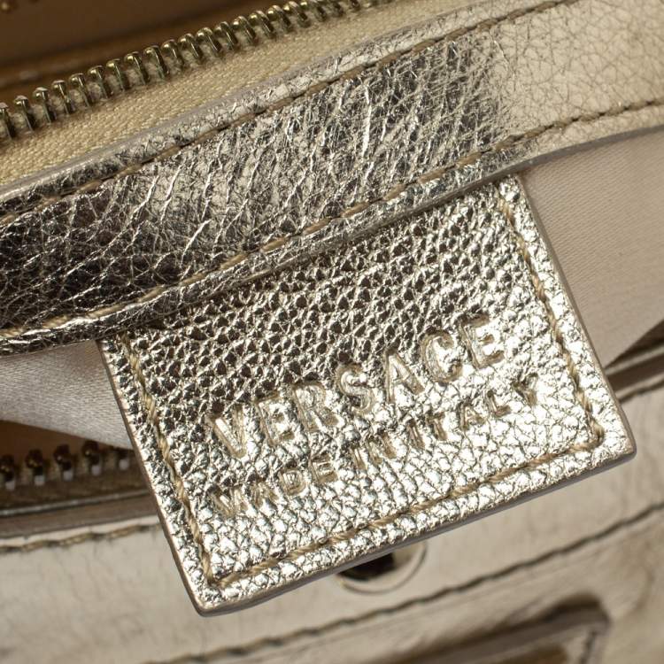 Pre Owned Versace Gold Ostrich Embossed Leather Snap Out Of It Satchel