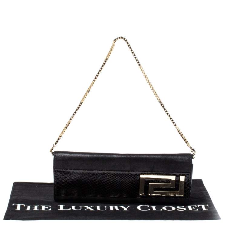 Pre Owned Versace Black Nubuck And Snakeskin Logo Flap Chain Clutch