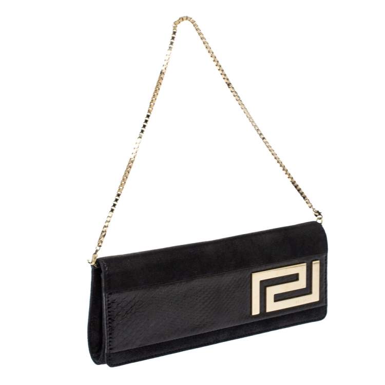 Pre Owned Versace Black Nubuck And Snakeskin Logo Flap Chain Clutch