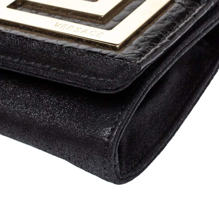 Pre Owned Versace Black Nubuck And Snakeskin Logo Flap Chain Clutch