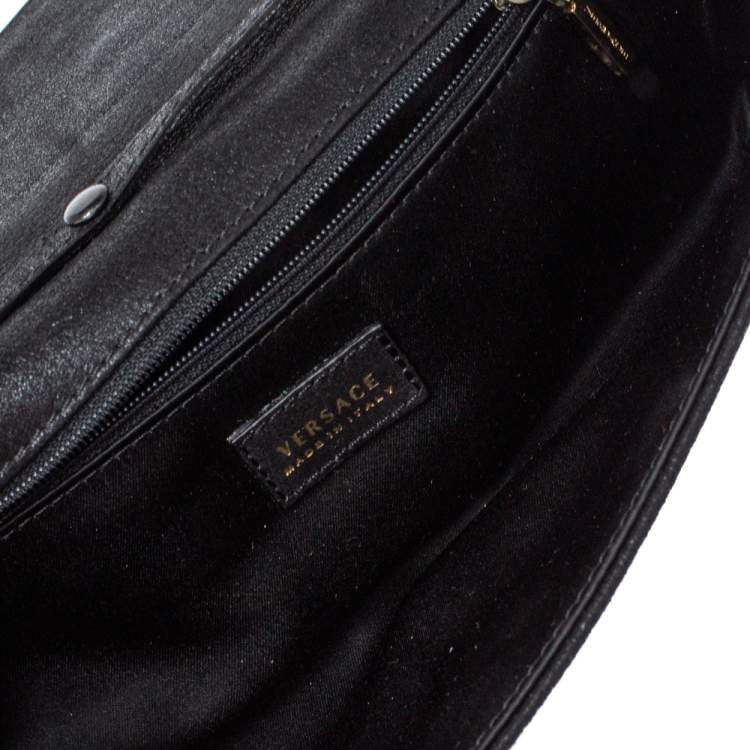 Pre Owned Versace Black Nubuck And Snakeskin Logo Flap Chain Clutch