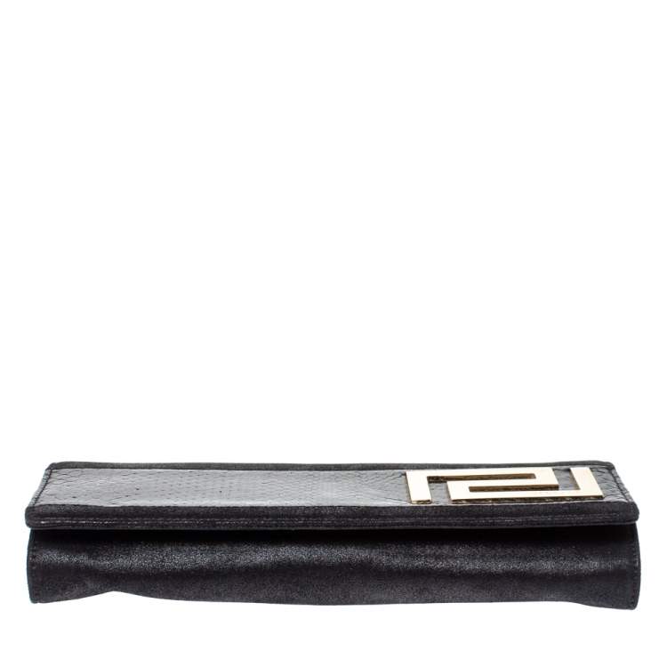 Pre Owned Versace Black Nubuck And Snakeskin Logo Flap Chain Clutch
