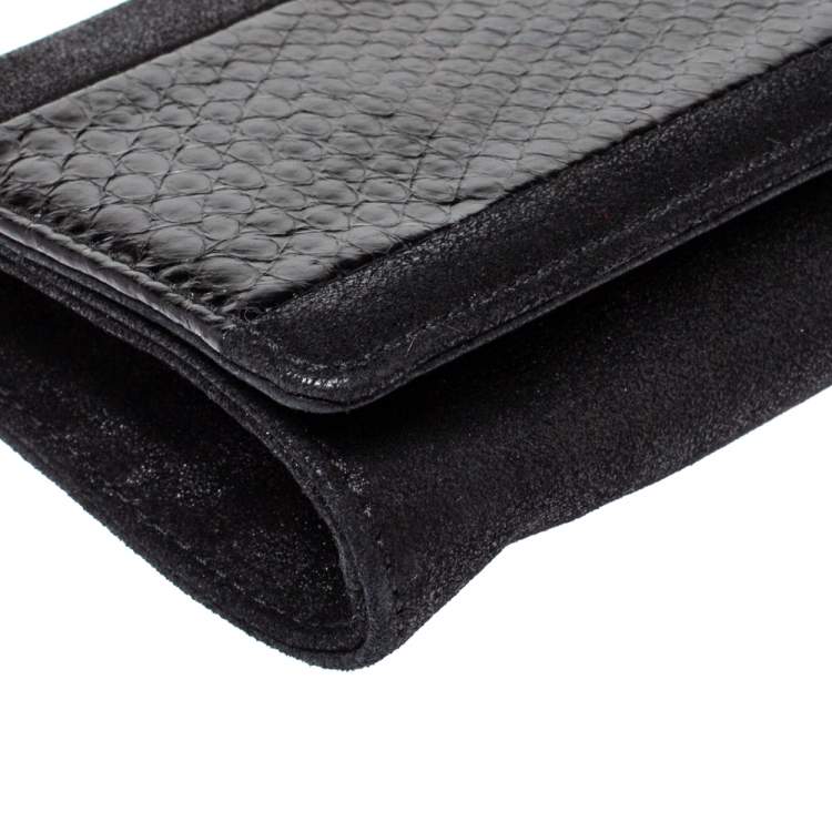 Pre Owned Versace Black Nubuck And Snakeskin Logo Flap Chain Clutch
