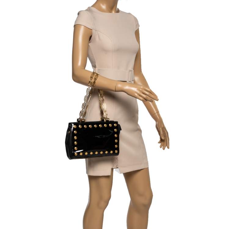 Pre Owned Versace Black Patent Leather Medusa Studded Chain Shoulder Bag