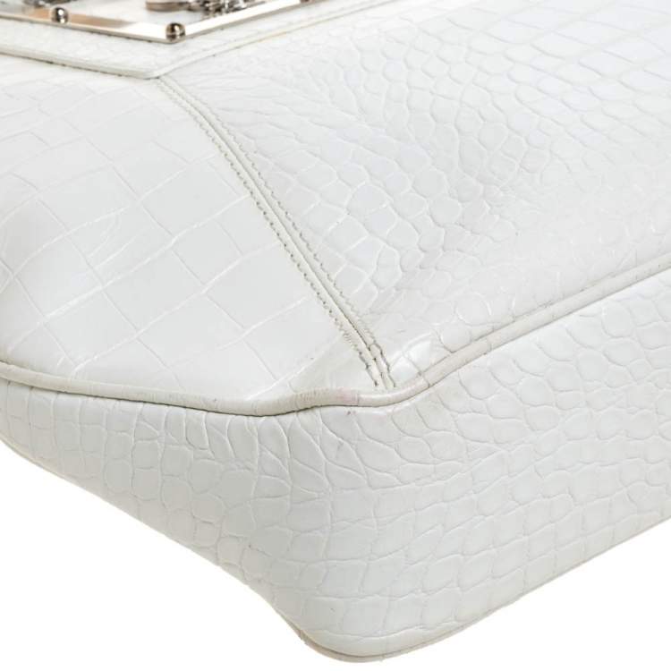 Pre Owned Versace White Croc Embossed Leather Hit Satchel