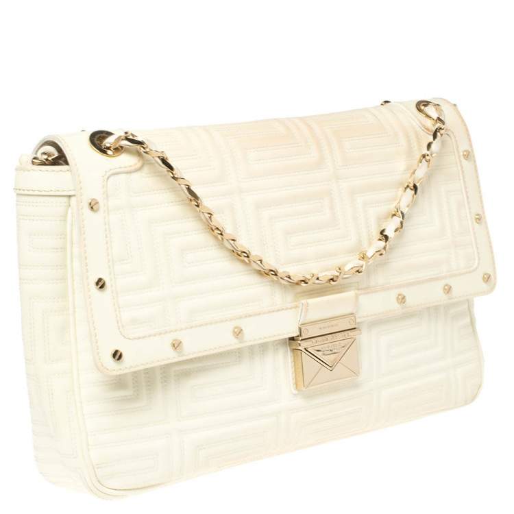 Pre Owned Gianni Versace White Quilted Patent Leather Flap Shoulder Bag