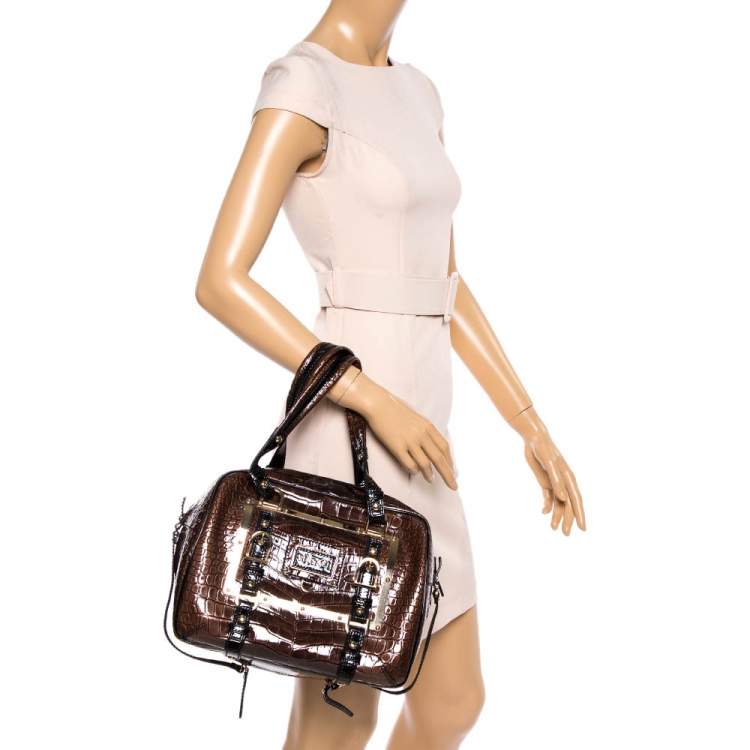 Pre Owned Versace Brown/Black Croc Embossed Patent Leather Satchel