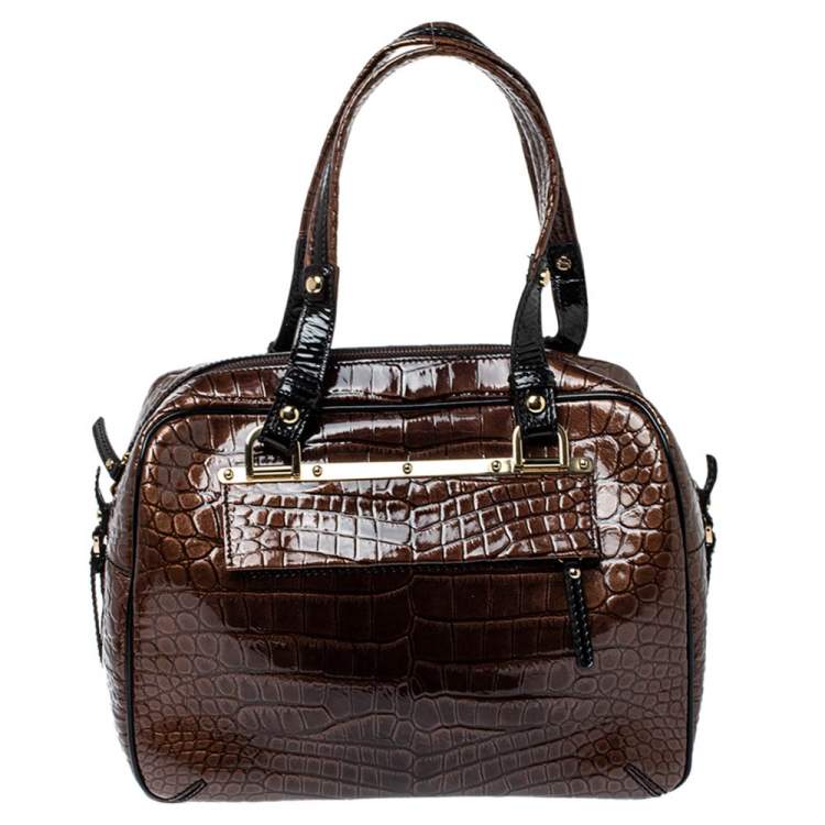 Pre Owned Versace Brown/Black Croc Embossed Patent Leather Satchel