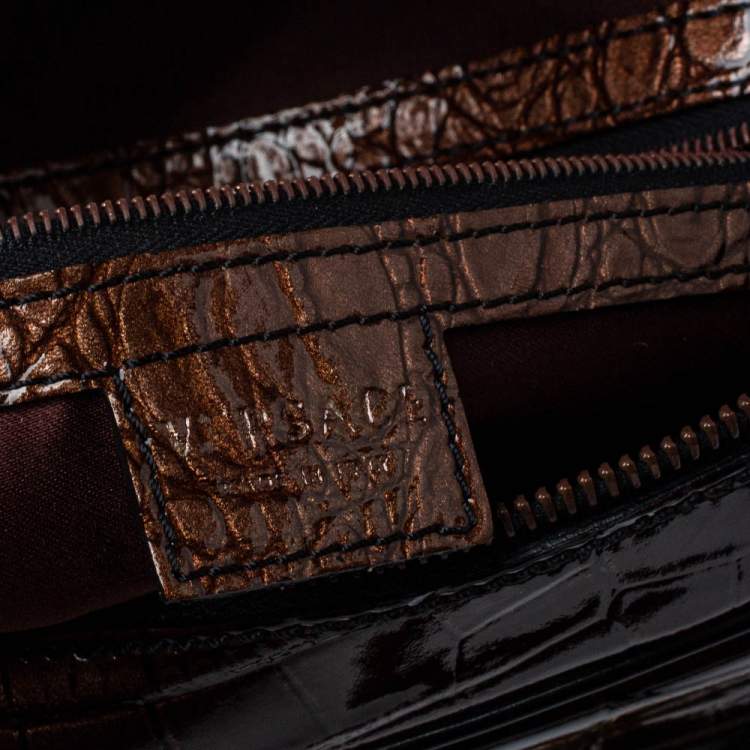 Pre Owned Versace Brown/Black Croc Embossed Patent Leather Satchel