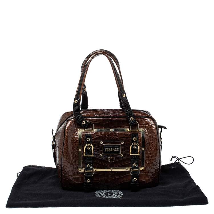 Pre Owned Versace Brown/Black Croc Embossed Patent Leather Satchel