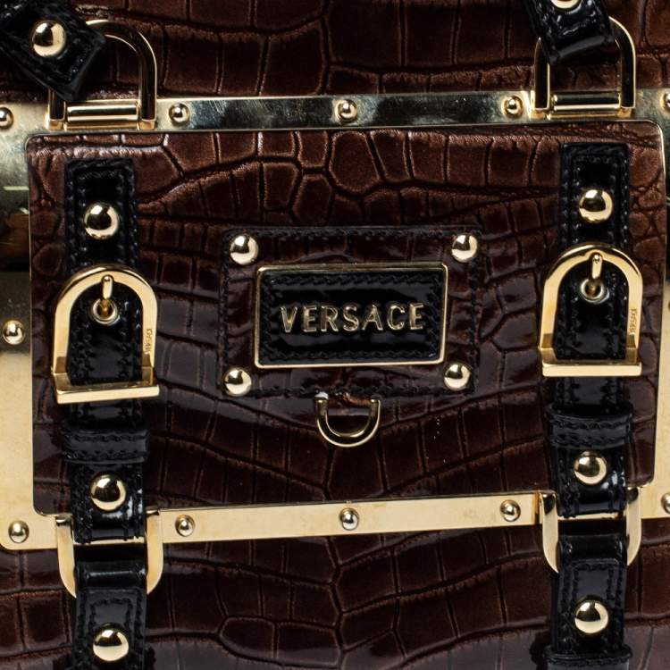Pre Owned Versace Brown/Black Croc Embossed Patent Leather Satchel