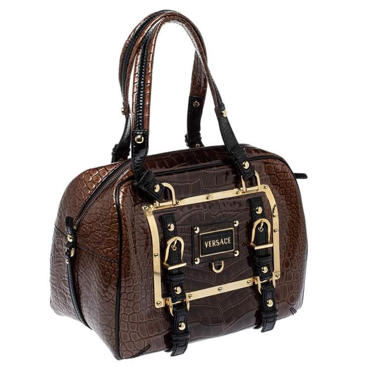 Pre Owned Versace Brown/Black Croc Embossed Patent Leather Satchel