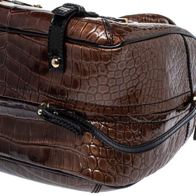 Pre Owned Versace Brown/Black Croc Embossed Patent Leather Satchel