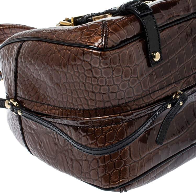 Pre Owned Versace Brown/Black Croc Embossed Patent Leather Satchel