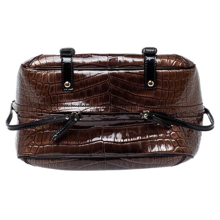 Pre Owned Versace Brown/Black Croc Embossed Patent Leather Satchel