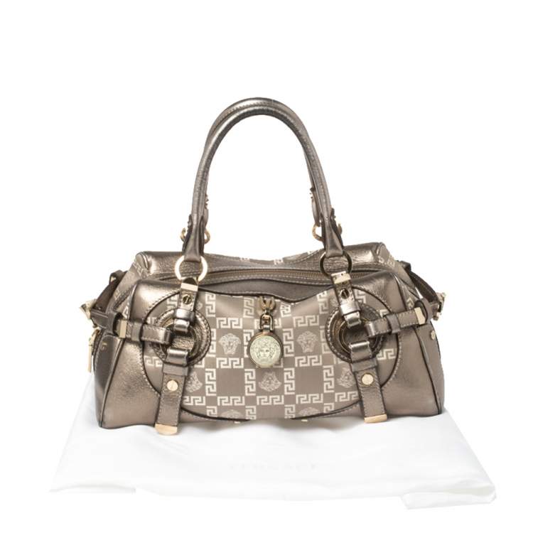 Pre Owned Versace Metallic Grey Jacquard Fabric and Leather Medusa Bag