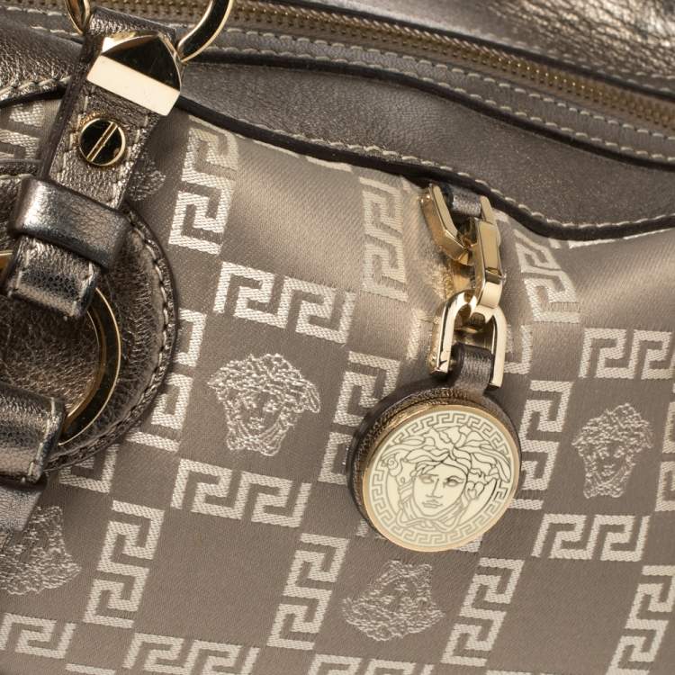 Pre Owned Versace Metallic Grey Jacquard Fabric and Leather Medusa Bag