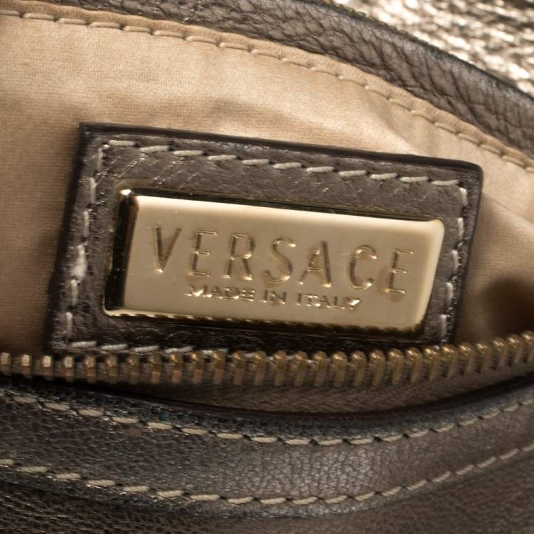 Pre Owned Versace Metallic Grey Jacquard Fabric and Leather Medusa Bag