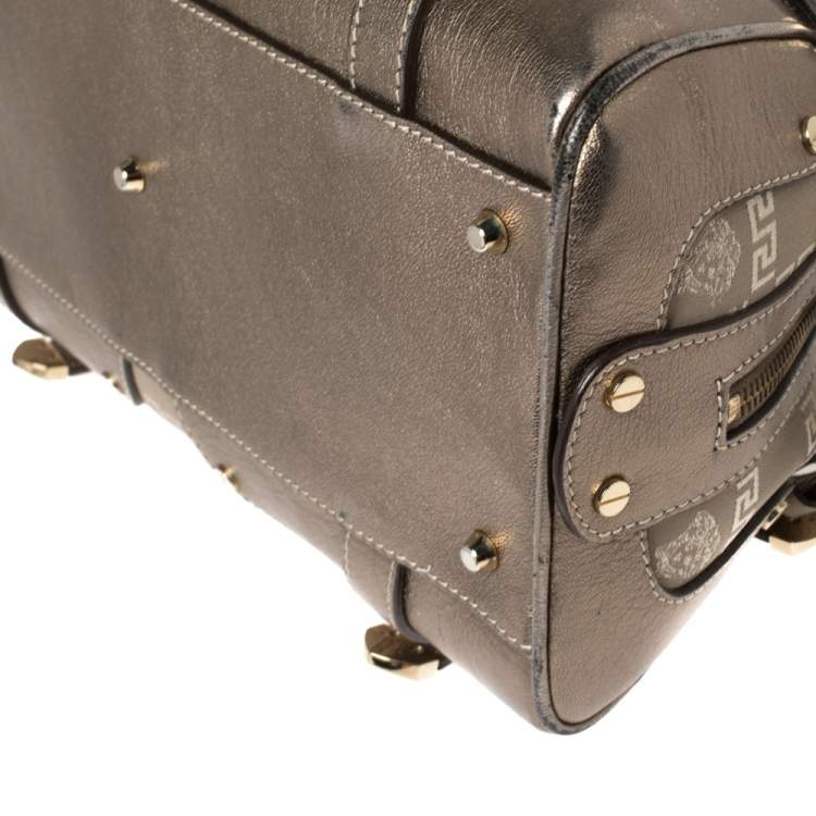 Pre Owned Versace Metallic Grey Jacquard Fabric and Leather Medusa Bag