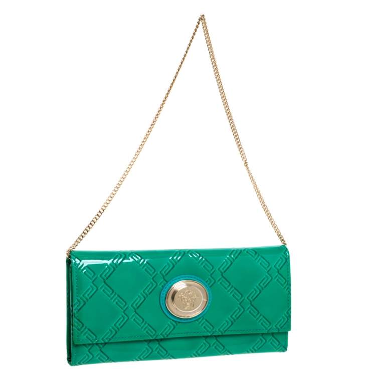 Pre Owned Versace Green Patent Leather Wallet On Chain
