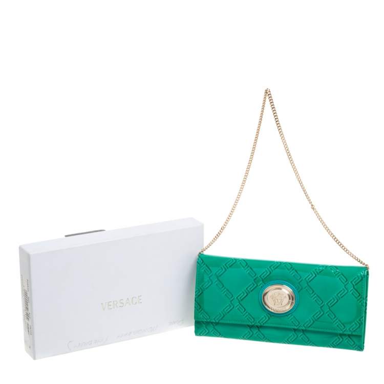 Pre Owned Versace Green Patent Leather Wallet On Chain